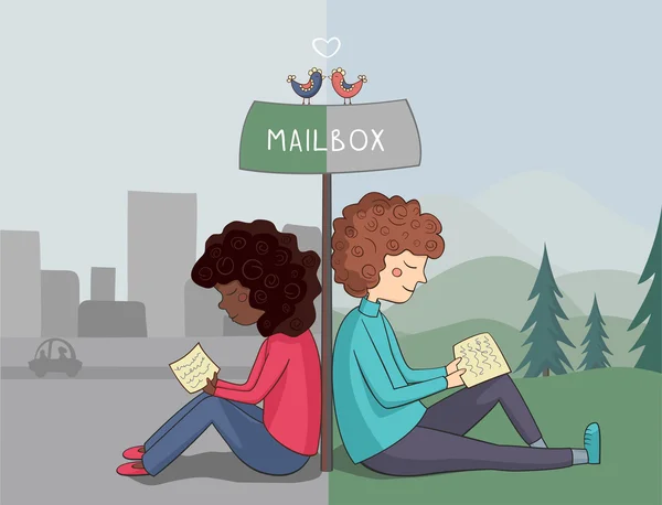 Multicultural chica y chico leer correo — Vector de stock