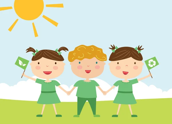 Τα παιδιά με οικολογική σημαίες — Διανυσματικό Αρχείο