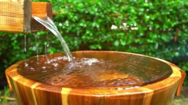 Bahar bahçesinde ayak banyosu için tahta kova, onsen, hafif-odaklı .4k