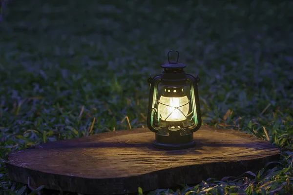 Antique Kerosene Lamp Lights Wooden Floor Lawn Night — 스톡 사진