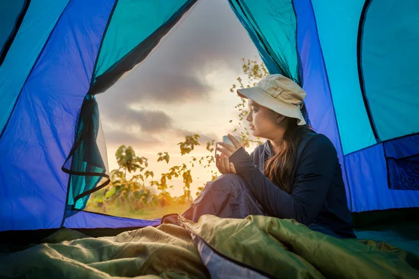 Young Girl Tent Holding Cup — Stock Photo, Image