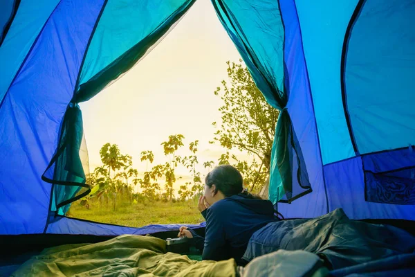 Young Girl Tent Holding Camera Morning Sunrise Forest Soft Focus — Stockfoto