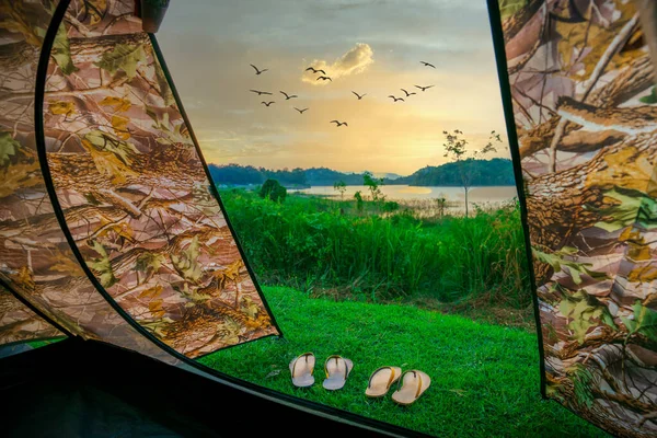 View Tent Two Pairs Sunsets Forest — 图库照片