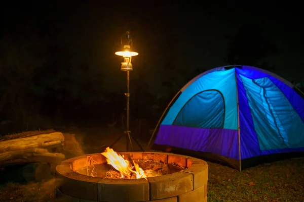 Selective Focus Bonfire Stove Middle Forest Night Background Camping Tent — Photo