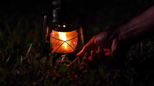 Lampe Huile Vintage Dans Forêt Nuit Concept Camping — Video