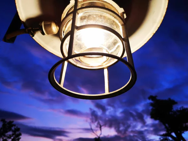 Antik Lámpás Lóg Egy Fán Erdőben Esti Kemping Atmoszférában Travel — Stock Fotó
