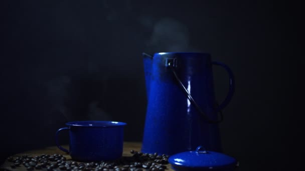 Coffee Poured Blue Enamel Cup Antique Coffee Machines — Video Stock