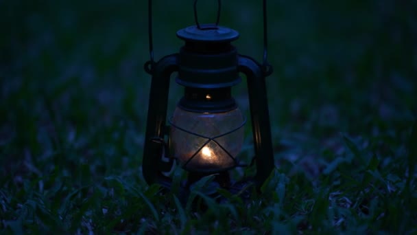 Vintage Lampada Olio Nella Foresta Notte Concetto Campeggio — Video Stock