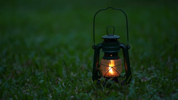 Vintage Lampada Olio Nella Foresta Notte Concetto Campeggio — Video Stock