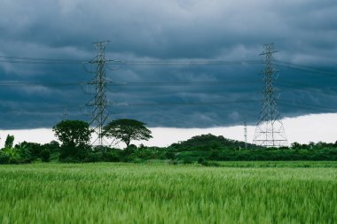 Yağmurdan önce siyah bulutlar ve pirinç tarlalarının yakınında yüksek voltaj direkleri.
