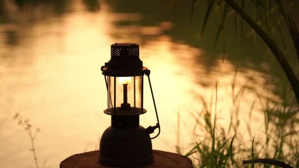 Lampe Huile Vintage Près Rivière Dans Forêt Nuit Camping Concept — Video