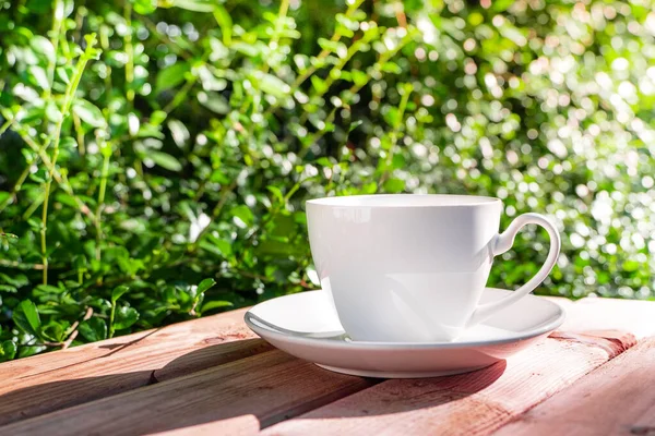 Ahşap zeminde beyaz seramik kahve fincanı, bahçede sabah güneşinde yeşil ağaç bokeh arka plan. Yumuşak odaklanma. Sığ odak etkisi.