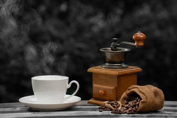 Coffee Cup Grinder Dark Coffee Beans Old Wooden Floor Close — Stockfoto