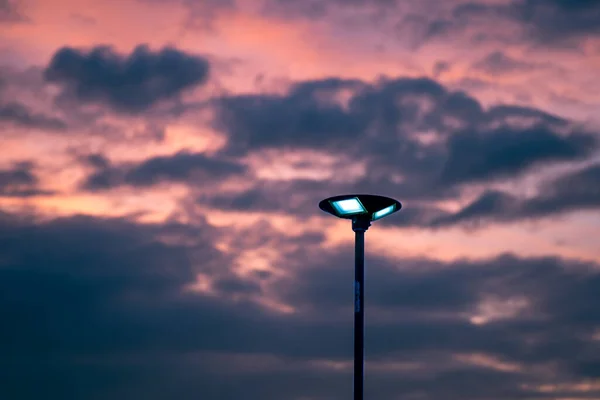 Solar Cell Lamp Orange Sky Background Sunset Time Renewable Energy — 图库照片