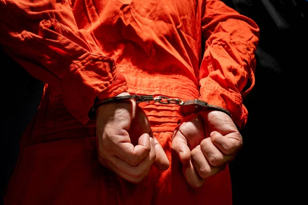 Handcuffs Accused Criminal Orange Jail Jumpsuit Law Offender Sentenced Serve — 图库照片