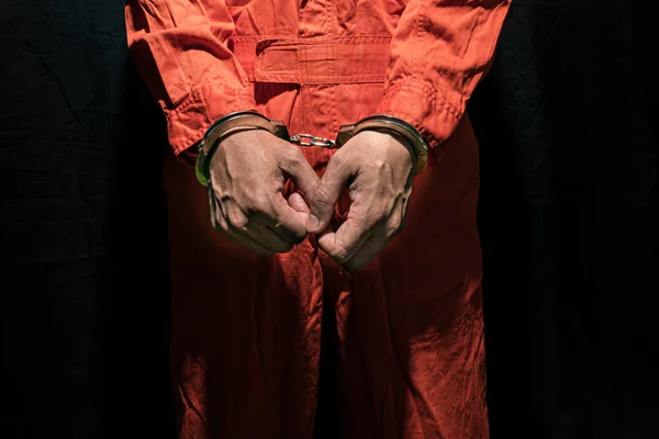 Handcuffs Accused Criminal Orange Jail Jumpsuit Law Offender Sentenced Serve — Fotografia de Stock