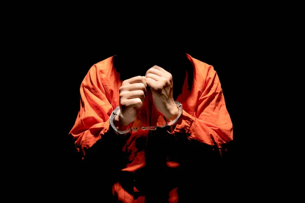 Handcuffs Accused Criminal Orange Jail Jumpsuit Law Offender Sentenced Serve — Stockfoto