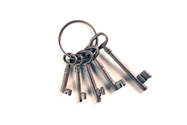 Rusty Bunch Old Keys White Background Close — Foto Stock