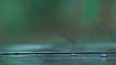 Yağmur damlaları ahşap zemine 4K yavaş çekimde düşer.