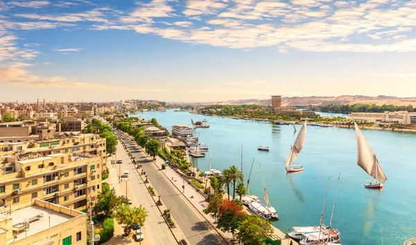 Panorama Aswan Och Nilen Med Segelbåtar Antenn Utsikt Egypten — Stockfoto