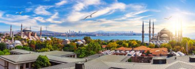 İstanbul 'un çatılar manzarası, Ayasofya ve Mavi Cami, Türkiye.