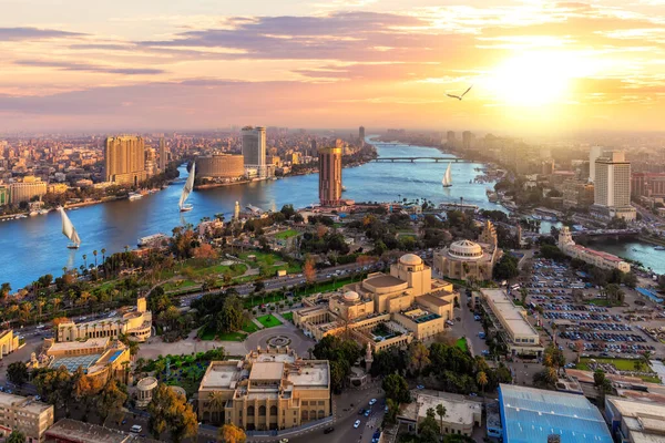 Letecký Pohled Centrum Káhiry Nilu Při Západu Slunce Egypt — Stock fotografie