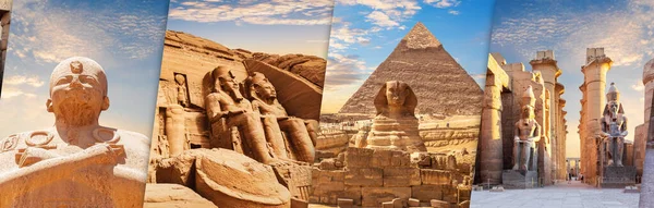 Karnak-Tempel, Abu Simbel-Komplex, Sphinx und Pyramiden, Luxor-Tempel, schöne Collage berühmter Sehenswürdigkeiten Ägyptens — Stockfoto