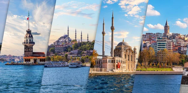 Maidens Tower, Galata Tower, Ortakoy Mosque and Suleymaniye Mosque, all in one Istanbul sights collage, Turkey — Foto Stock