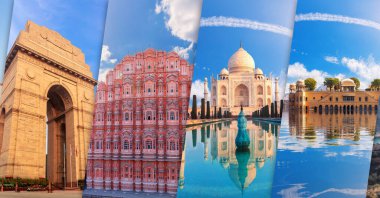 Hindistan 'ın Kapısı, Hawa Mahal, Tac Mahal ve Jal Mahal Hindistan' ın bir kolajında.