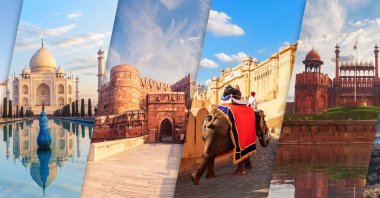 Taj Mahal, Agra Kalesi, AmberFort ve Dehli 'nin Kızıl Kalesi - Hindistan' ın ana manzaraları.