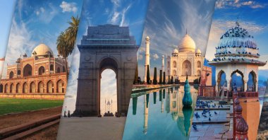 Humayun's Tomb, India Gate, Taj   Mahal and Amber Fort pavilion, most famous places of India in collage.