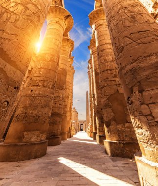 Luxor Büyük Hypostyle Salonu 'nda antik oyma sütunlar, Karnak Tapınağı, Mısır.