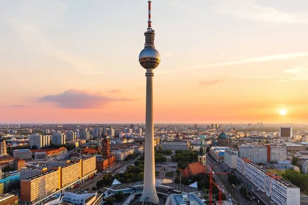 Aerial View Berlin Sunset Downtown Panorama Skyscrappers Bridges Germany — стоковое фото
