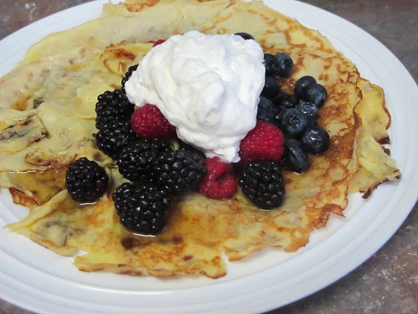 Crepes Blueberries Raspberries Whipped Cream White Plate — Stock Fotó