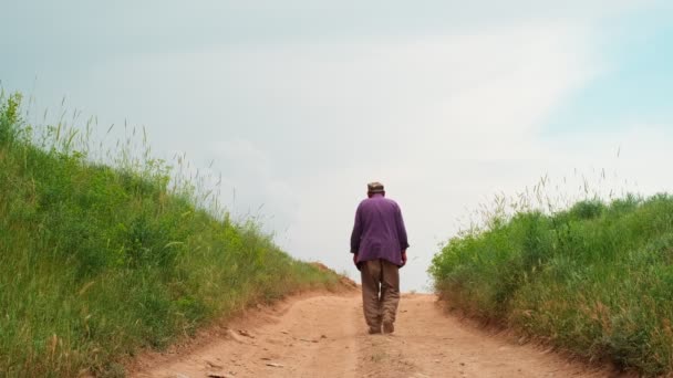 頭蓋骨の老人は田舎道をカメラから離れて歩く 曇りの日に田舎で撮影 — ストック動画