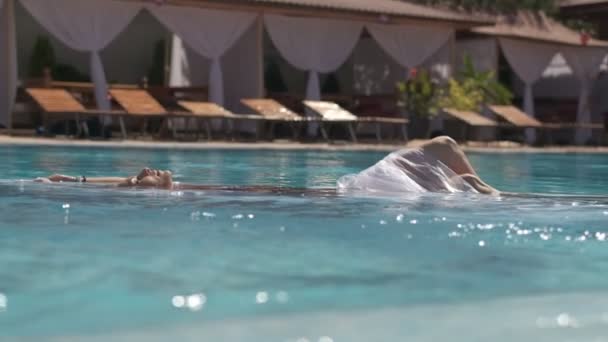 Young Woman Wearing Black Body Swimsuite Transparent Cape Outdoor Swimming — Stock Video