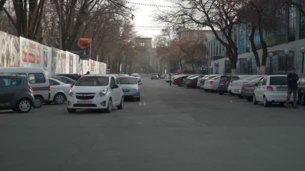 Tráfego Rua Dois Policiais Trânsito Coletes Verdes Filmado Partir Meio — Vídeo de Stock