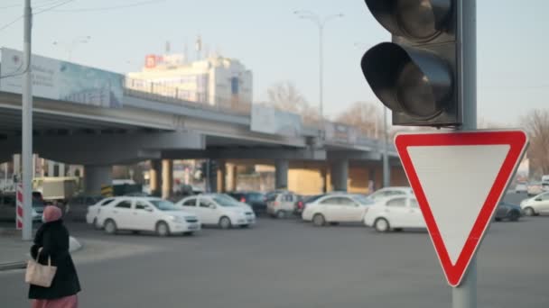 Пробки Улицах Мостом Выдать Знак Светофор Фронте Замедленная Съемка — стоковое видео