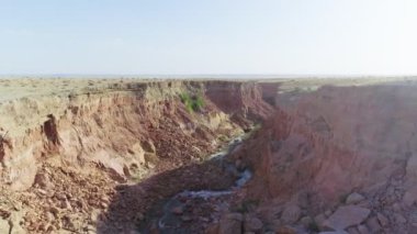 Çöldeki vadide akan nehir. Koyun sürüsü sulama yerine geldi. İnsansız hava aracı, hava görüntüsü