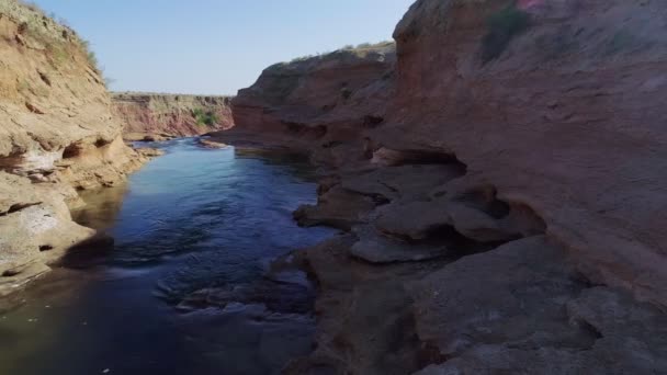 Man Takes Water River Flowing Rocky Gorge Aerial View — Stock Video