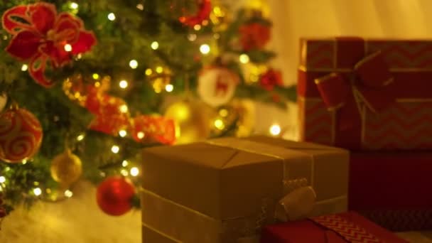 Closeup Santa Hands Putting Gift Box Christmas Tree Slow Motion — Stockvideo