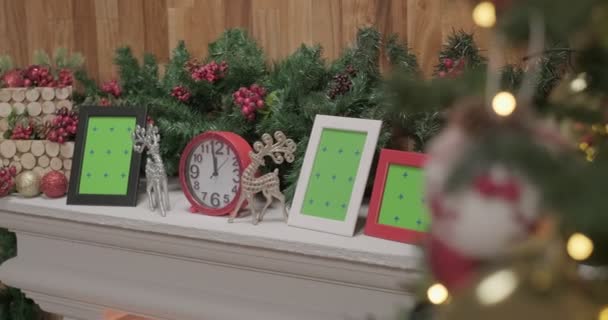Pink Shiny Clocks Silver Christmas Deer Toys Photo Frame Mockups — Stock video