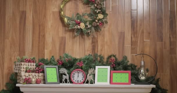 Pink Shiny Clocks Silver Christmas Deer Toys Photo Frame Mockups — ストック動画