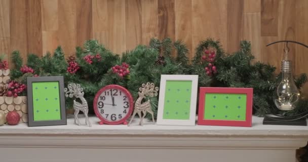 Pink Shiny Clocks Silver Christmas Deer Toys Photo Frame Mockups — Stockvideo