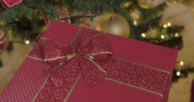Dark red gift box under the decorated christmas tree, slow motion