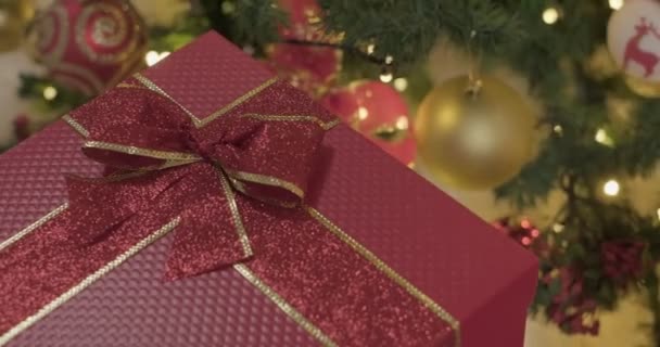 Caja Regalo Color Rojo Oscuro Bajo Árbol Navidad Decorado Cámara — Vídeo de stock