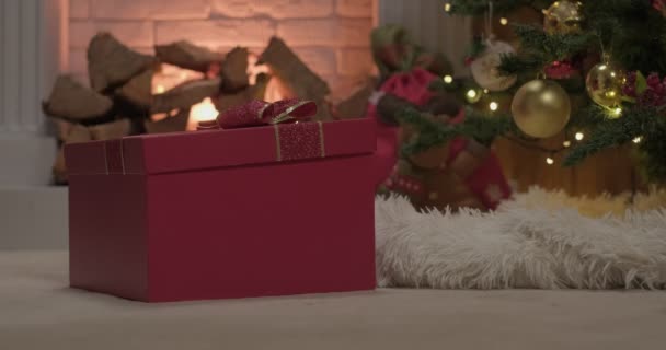 Red Colored Christmas Gift Box Opens Itselfm Slow Motion — Stock video