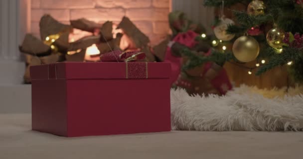 Red Colored Christmas Gift Box Opens Itselfm Slow Motion — 图库视频影像