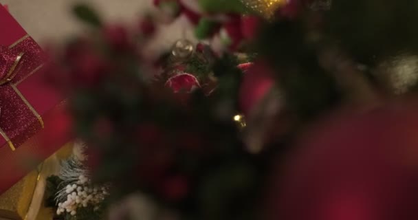 Červené Barevné Vánoční Dárek Ležící Pod Stromem Přijata Dítě Sobě — Stock video