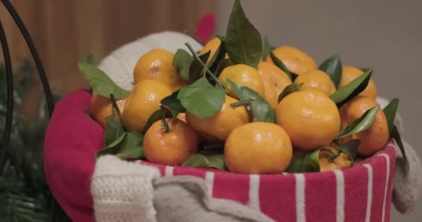 Tangerines Red White Christmas Busket Slow Motion — Stockvideo